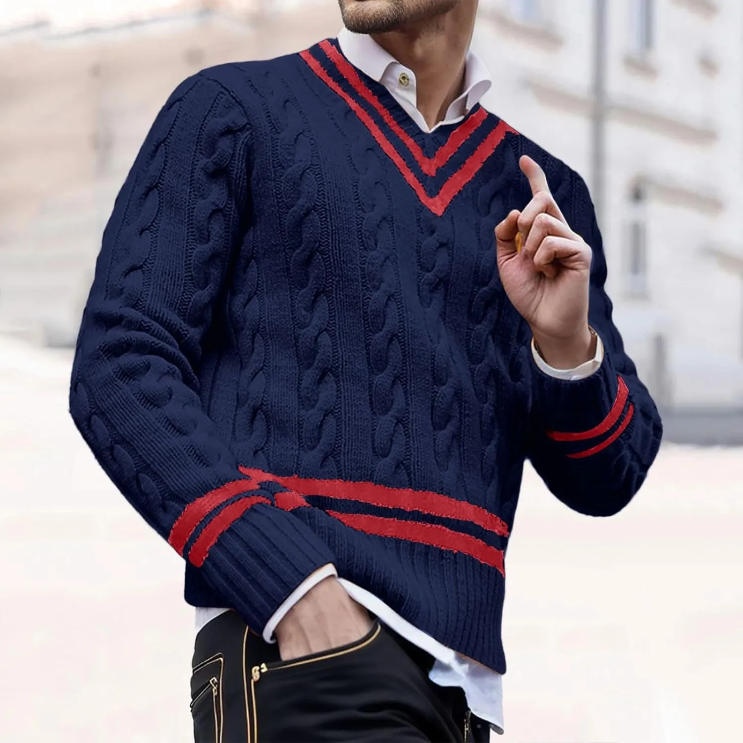 Men's V Neck Sweater Solid Color Long Sleeve Pullover Slim Fit Knitted Tops Lightweight Casual Fall Fashion Sweater