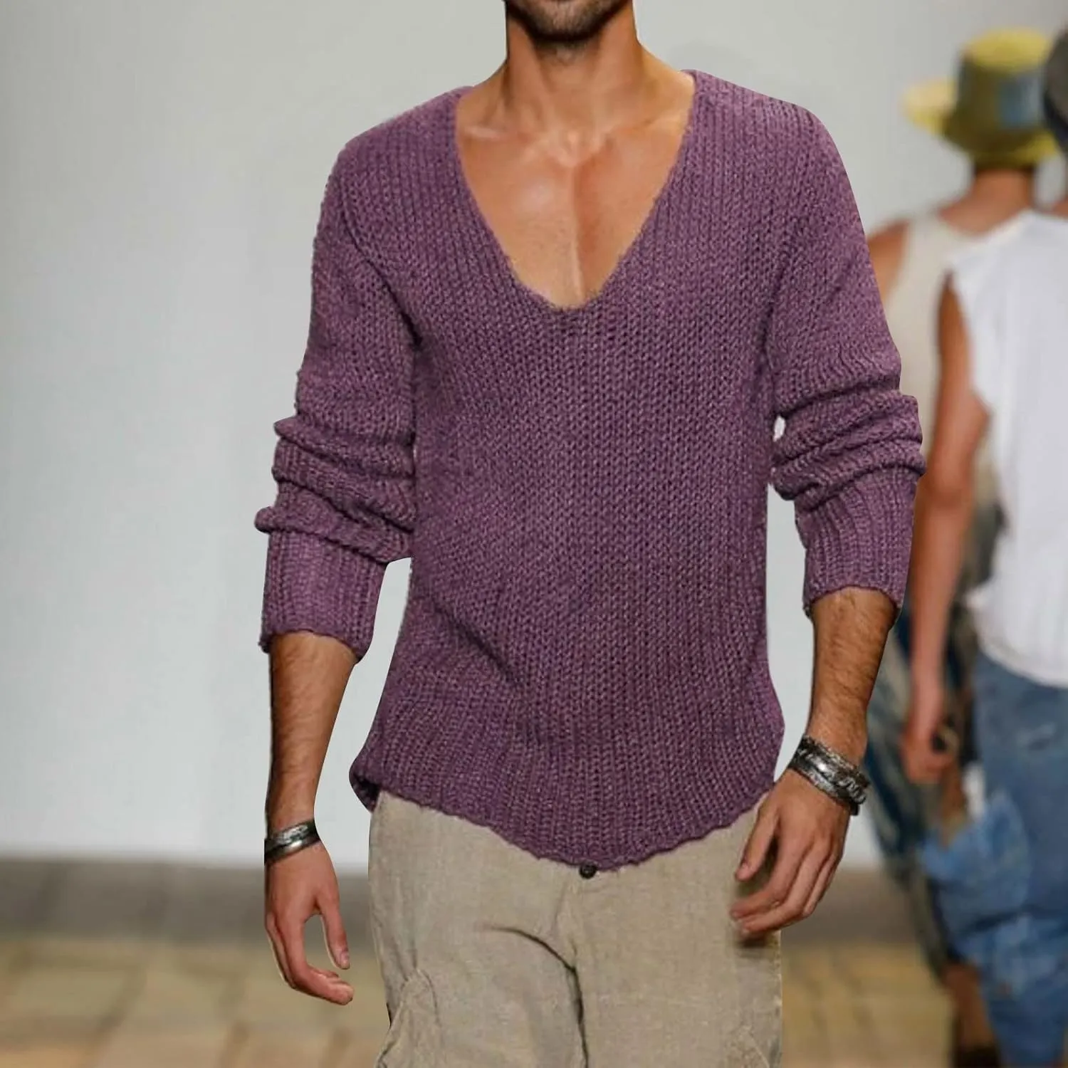 Men's V Neck Sweater Solid Color Long Sleeve Pullover Slim Fit Knitted Tops Lightweight Casual Fall Fashion Sweater