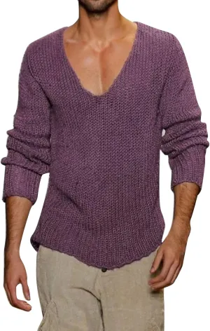 Men's V Neck Sweater Solid Color Long Sleeve Pullover Slim Fit Knitted Tops Lightweight Casual Fall Fashion Sweater