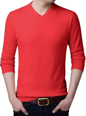 Men's V Neck Sweater Solid Color Long Sleeve Pullover Slim Fit Knitted Tops Lightweight Casual Fall Fashion Sweater