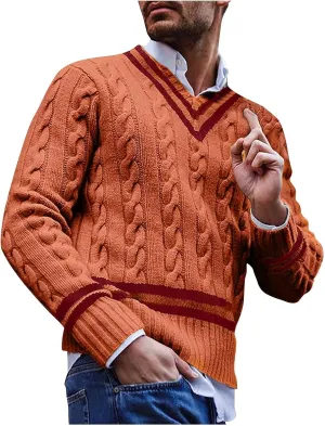 Men's V-Neck Sweaters Long Sleeved Color Patchwork Cable Knitted Sweaters Slim Fit Lightweight Casual Pullover Tops