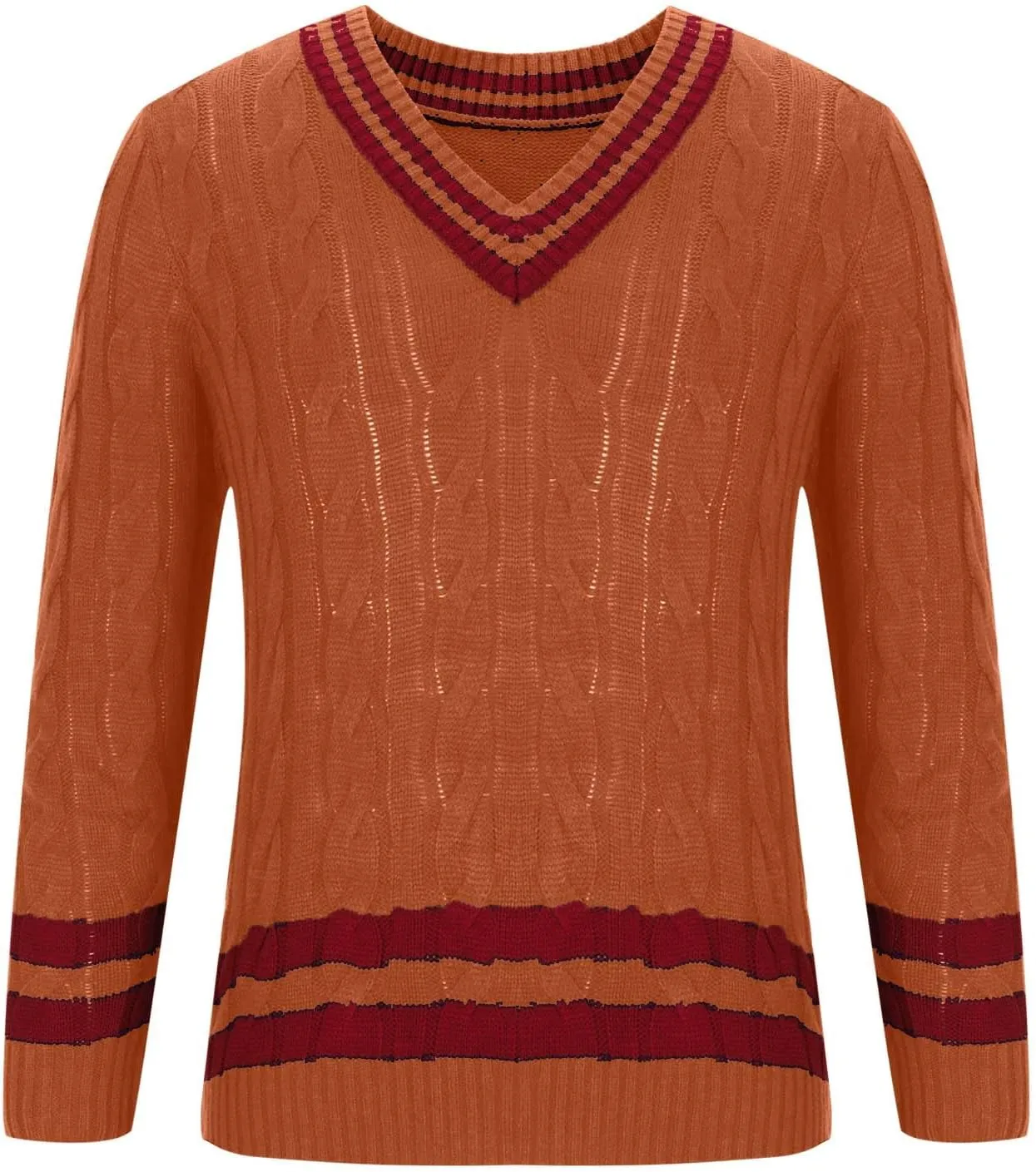 Men's V-Neck Sweaters Long Sleeved Color Patchwork Cable Knitted Sweaters Slim Fit Lightweight Casual Pullover Tops
