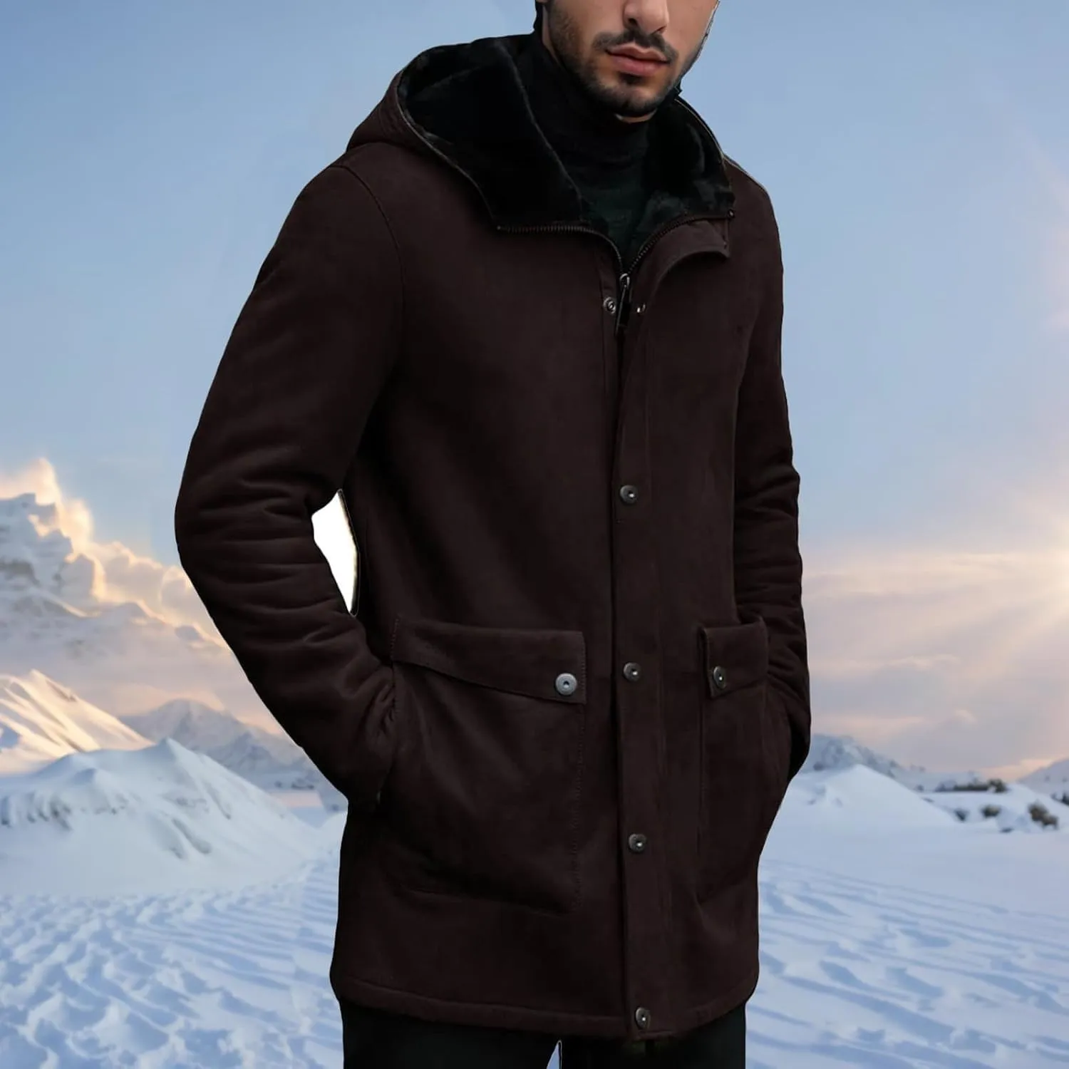 Men's Vintage Sherpa-Lined Trench Coat Faux Suede Retro Outdoor Leather Overcoat