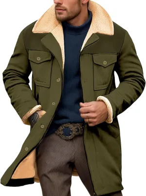 Mens Vintage Suede Sherpa Lined Leather Jacket with Plush Reversed Collar, Patchwork Multi Pocket, for Outdoor