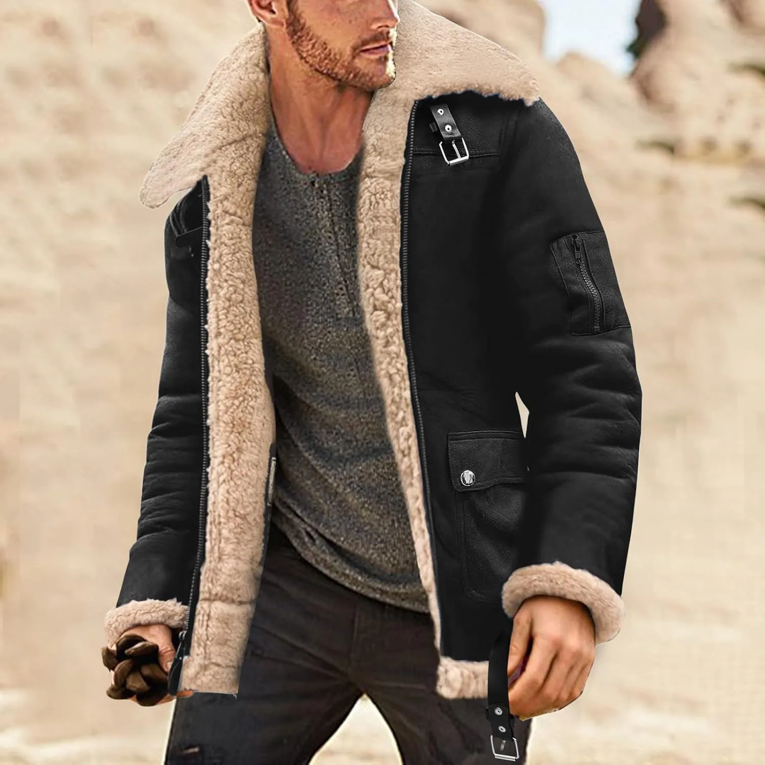 Mens Winter Coats, Mens Sherpa Fleece Lined Faux Leather Jacket Heavyweight Zip Up Bomber Jackets Vintage Winter Coats