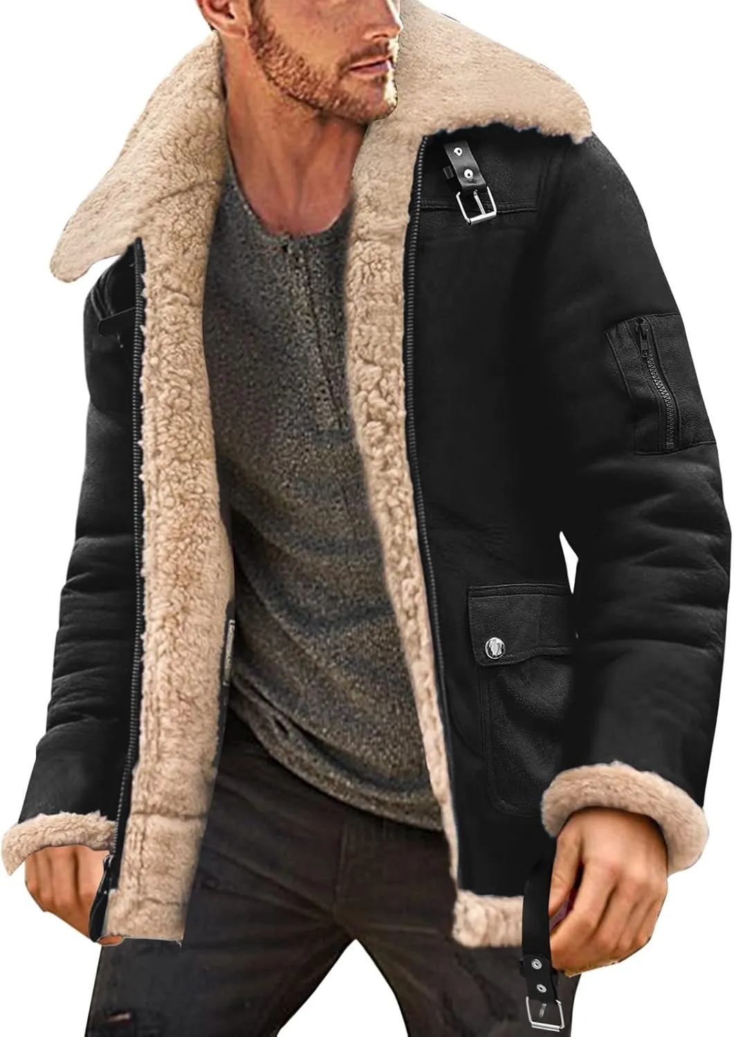 Mens Winter Coats, Mens Sherpa Fleece Lined Faux Leather Jacket Heavyweight Zip Up Bomber Jackets Vintage Winter Coats
