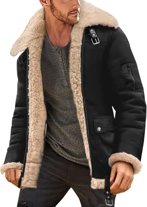 Mens Winter Coats, Mens Sherpa Fleece Lined Faux Leather Jacket Heavyweight Zip Up Bomber Jackets Vintage Winter Coats