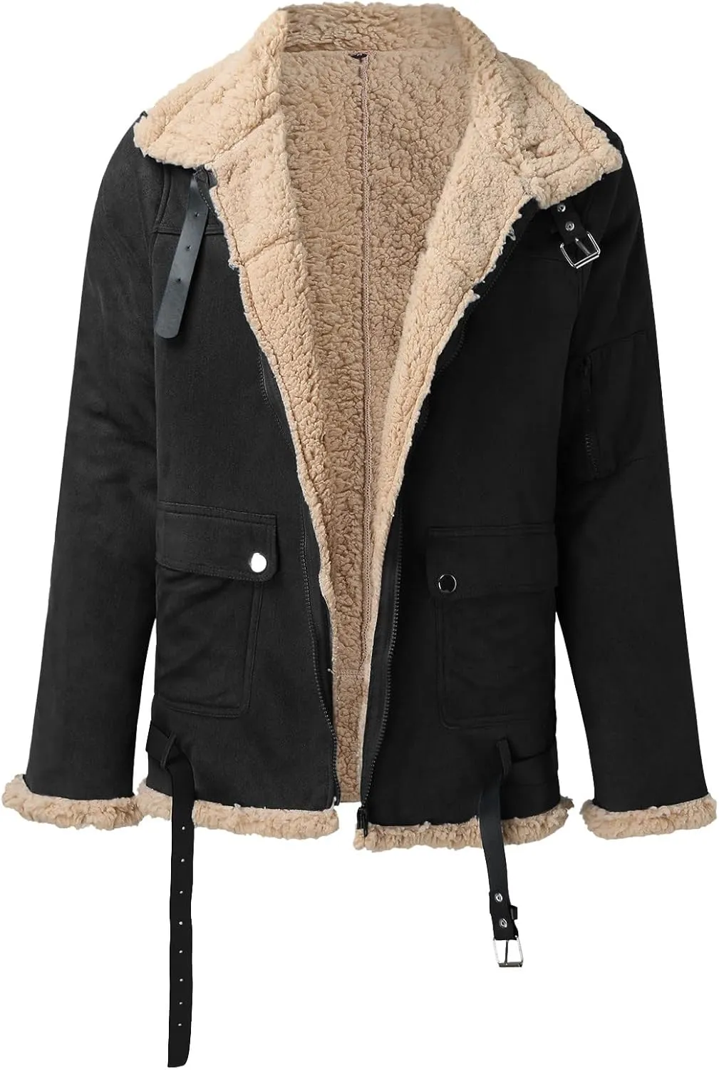 Mens Winter Coats, Mens Sherpa Fleece Lined Faux Leather Jacket Heavyweight Zip Up Bomber Jackets Vintage Winter Coats