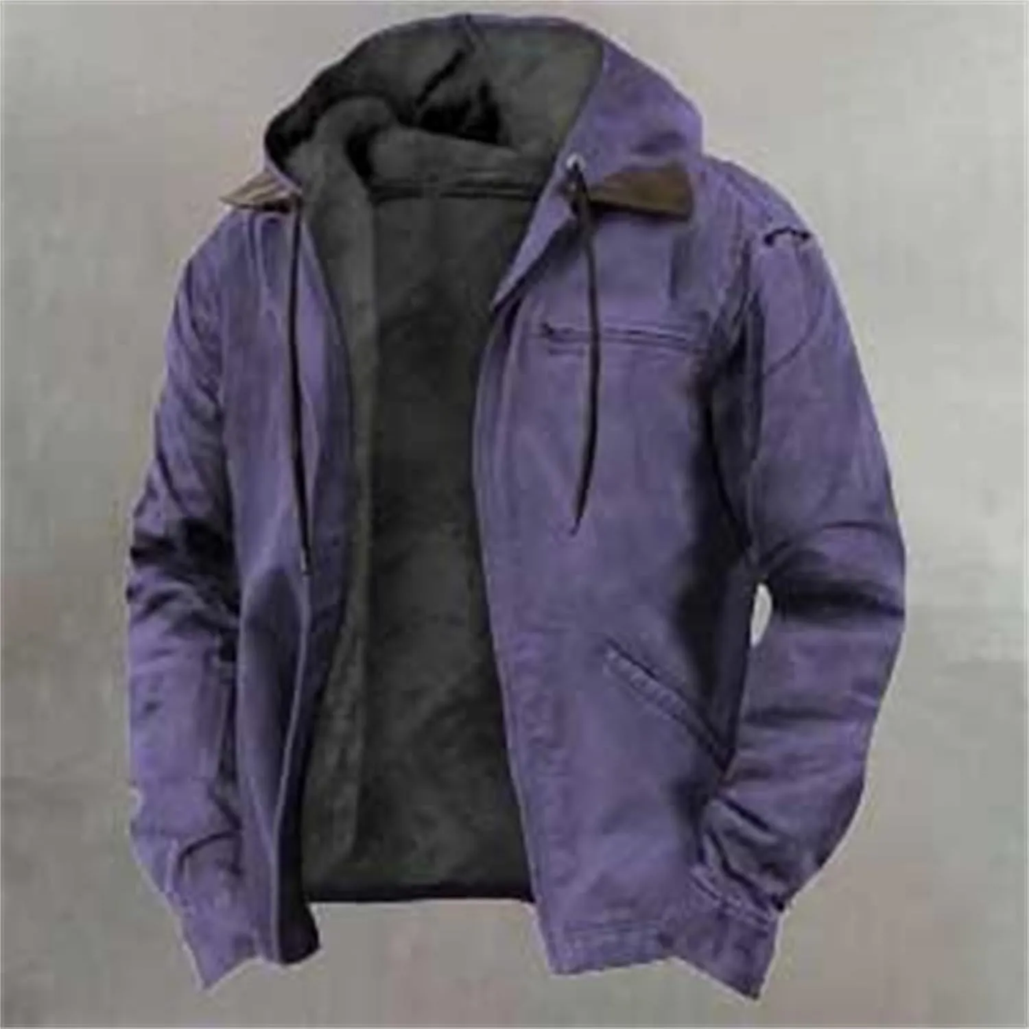 Men's Winter Jacket Warm Wool Lined Coat Padded Thickened Hooded Top Classic Solid Color Zipper Sweatshirt for Men