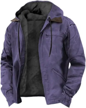 Men's Winter Jacket Warm Wool Lined Coat Padded Thickened Hooded Top Classic Solid Color Zipper Sweatshirt for Men