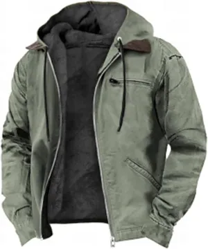 Men's Winter Jacket Warm Wool Lined Coat Padded Thickened Hooded Top Classic Solid Color Zipper Sweatshirt for Men