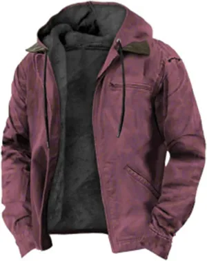Men's Winter Jacket Warm Wool Lined Coat Padded Thickened Hooded Top Classic Solid Color Zipper Sweatshirt for Men