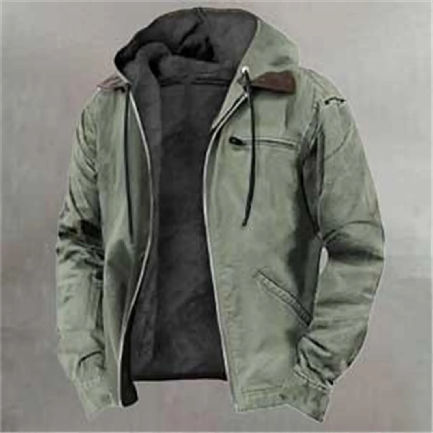 Men's Winter Jacket Warm Wool Lined Coat Padded Thickened Hooded Top Classic Solid Color Zipper Sweatshirt for Men