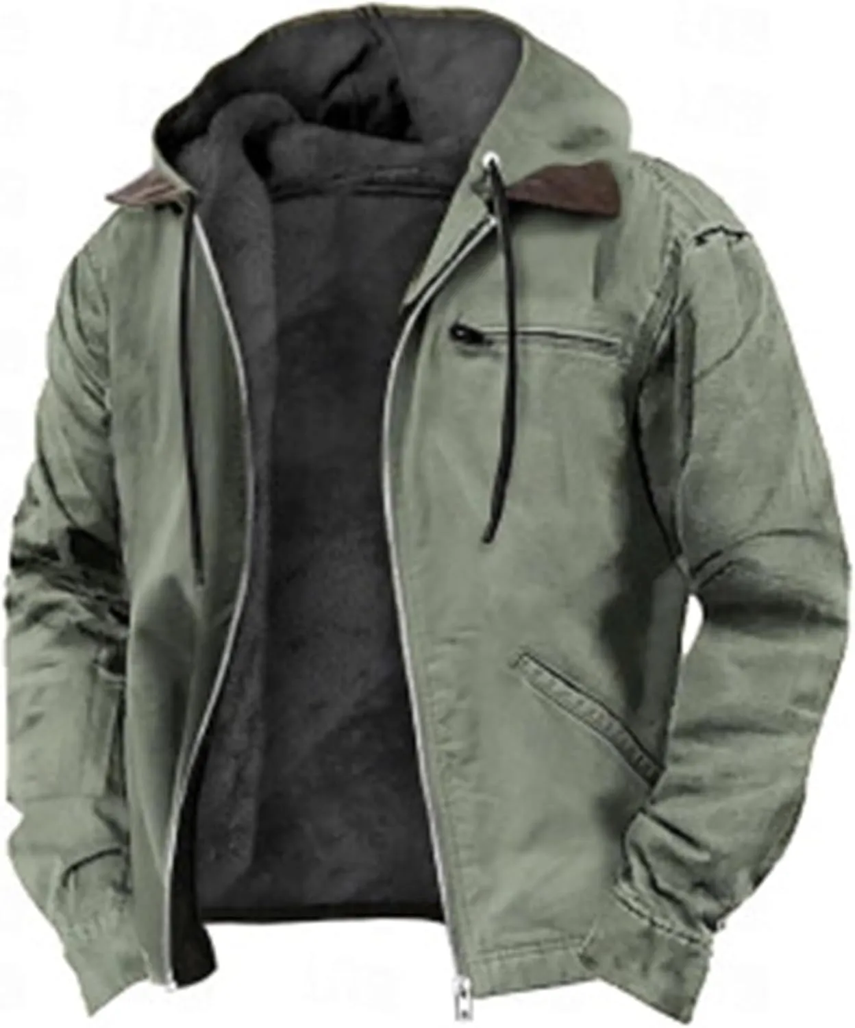 Men's Winter Jacket Warm Wool Lined Coat Padded Thickened Hooded Top Classic Solid Color Zipper Sweatshirt for Men