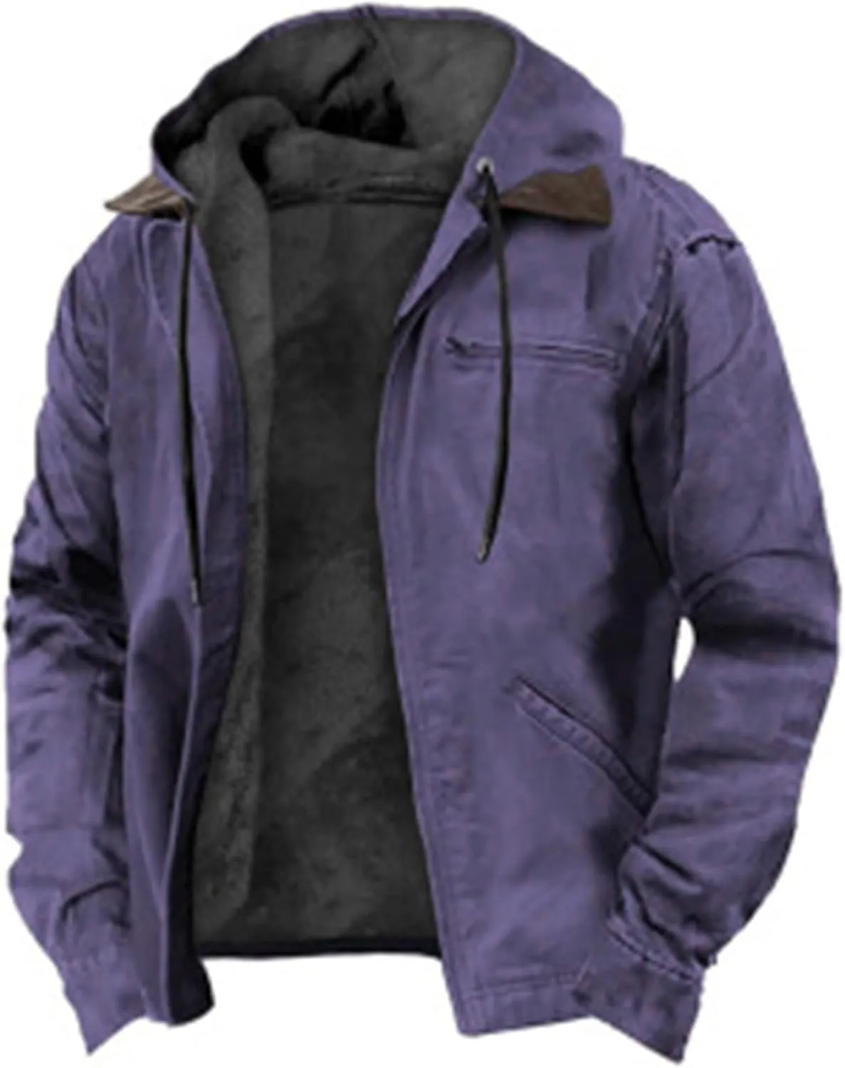 Men's Winter Jacket Warm Wool Lined Coat Padded Thickened Hooded Top Classic Solid Color Zipper Sweatshirt for Men