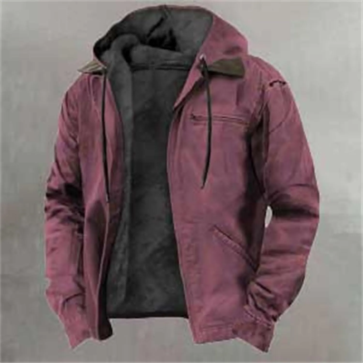 Men's Winter Jacket Warm Wool Lined Coat Padded Thickened Hooded Top Classic Solid Color Zipper Sweatshirt for Men