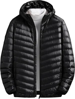 Mens Winter Lightweight Puffer Down Jacket Long Sleeve Solid Color Jackets with Hooded Casual Windproof Warm Coats
