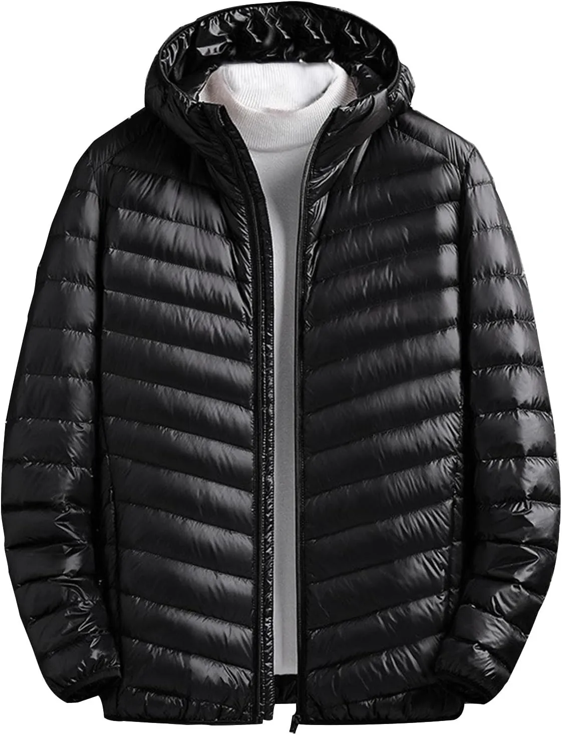 Mens Winter Lightweight Puffer Down Jacket Long Sleeve Solid Color Jackets with Hooded Casual Windproof Warm Coats