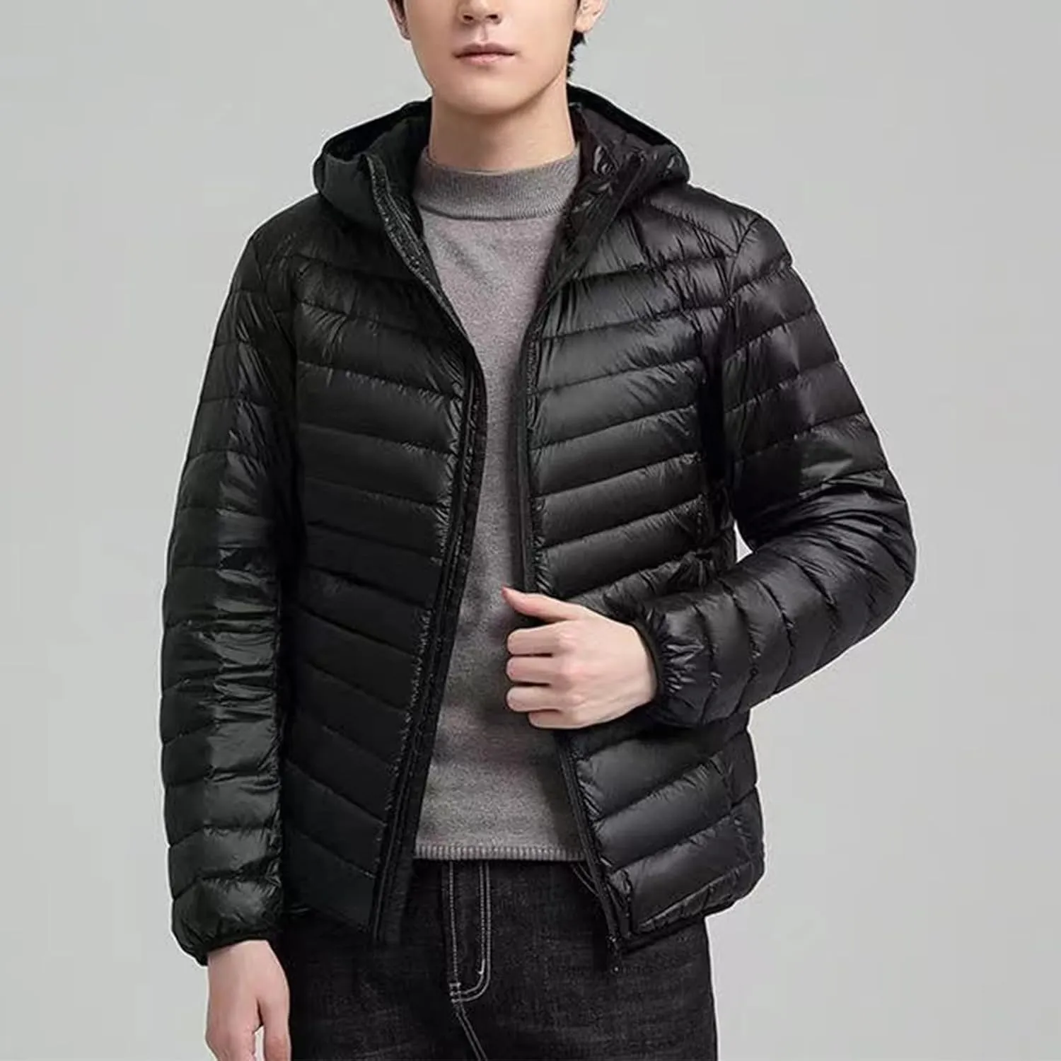 Mens Winter Lightweight Puffer Down Jacket Long Sleeve Solid Color Jackets with Hooded Casual Windproof Warm Coats