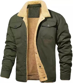 Mens Winter Thermal Cotton Jacket with Fleece Lining Thick Warm Trucker Lapel Work Cargo Coat Multi Pocket Sherpa Lined