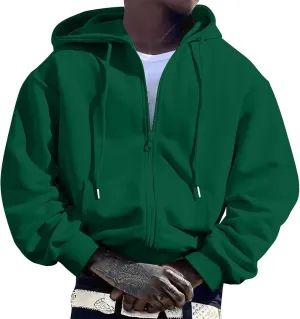 Men's Zip Up Hoodies Drawstring Sweatshirt Long Sleeve Lounge Cardigan Comfy Soft Solid Color Tops with Pocket