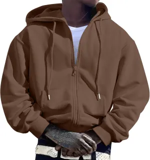 Men's Zip Up Hoodies Drawstring Sweatshirt Long Sleeve Lounge Cardigan Comfy Soft Solid Color Tops with Pocket