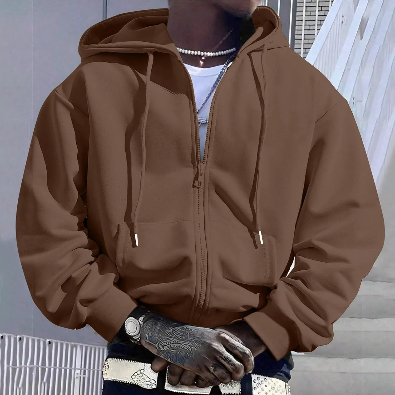 Men's Zip Up Hoodies Drawstring Sweatshirt Long Sleeve Lounge Cardigan Comfy Soft Solid Color Tops with Pocket