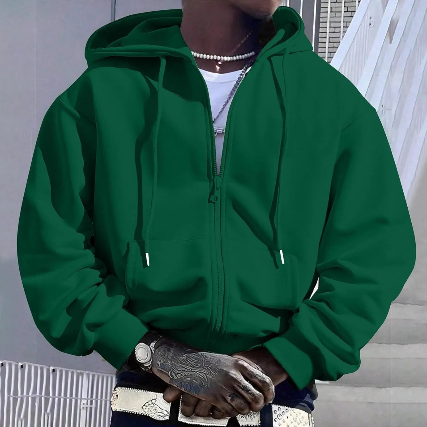 Men's Zip Up Hoodies Drawstring Sweatshirt Long Sleeve Lounge Cardigan Comfy Soft Solid Color Tops with Pocket
