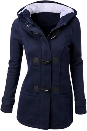 Mmoneyake Womens Fuzzy Fleece Pea Coat Classic Horn Buttons Zipper Hooded Jacket Winter Warm Long Sleeve Outerwear Tops