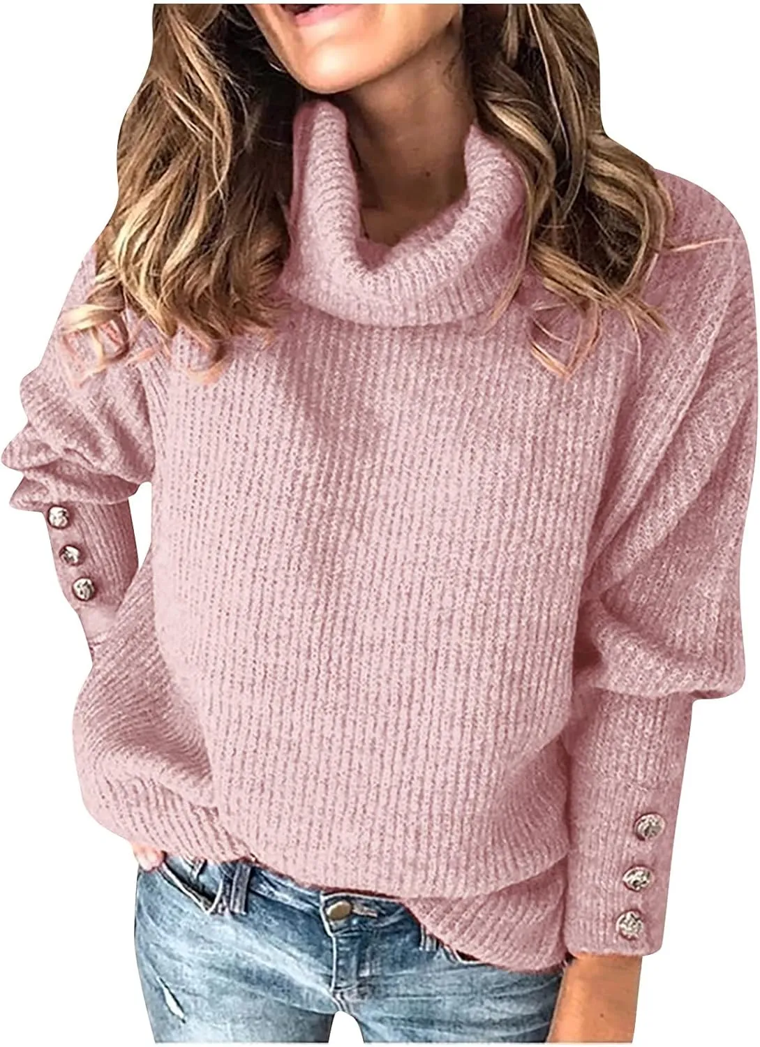 NaRHbrg Womens Turtleneck Long Sleeve Knit Sweaters 2024 Fall Winter Trendy Sweater Soft Casual Loose Chunky Knit Pullover