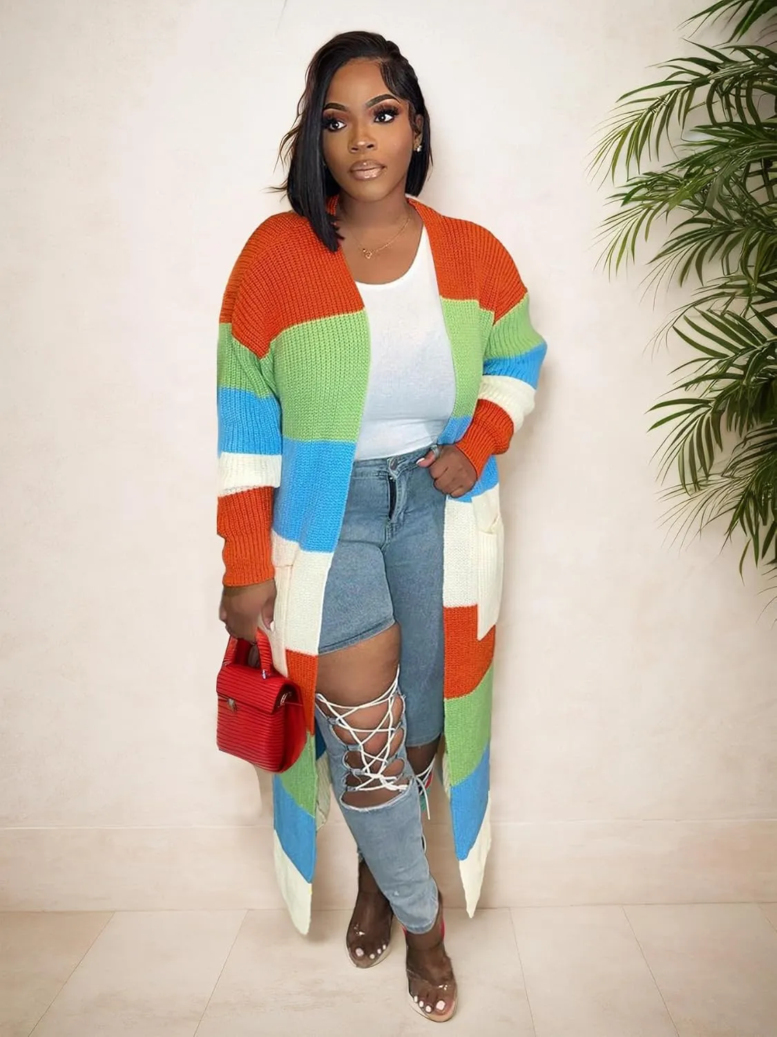 Nimsruc Long Cardigan Sweaters for Women Patchwork Open Front Knit Sweater