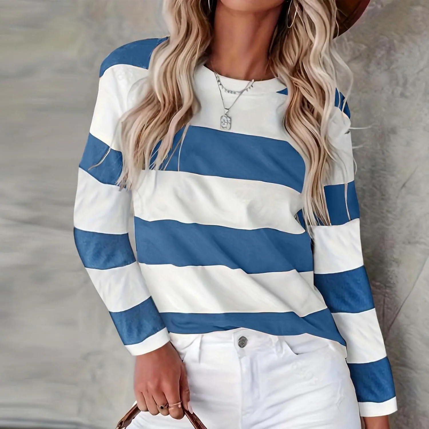 Orange Striped Long Sleeve Shirt Women 2024 Fall Crew Neck Striped T Shirts Color Block Comfy Loose Oversized Tops