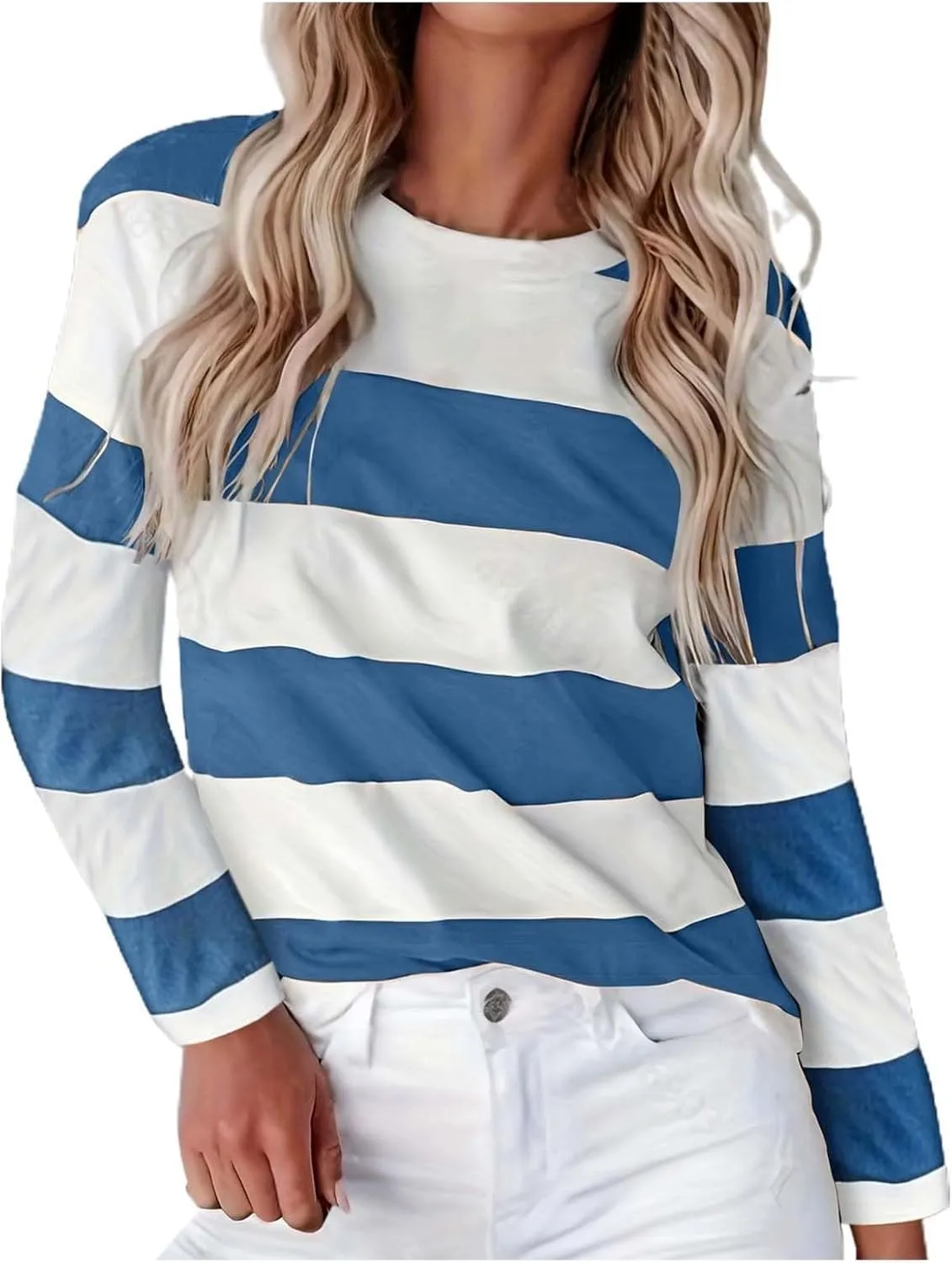 Orange Striped Long Sleeve Shirt Women 2024 Fall Crew Neck Striped T Shirts Color Block Comfy Loose Oversized Tops