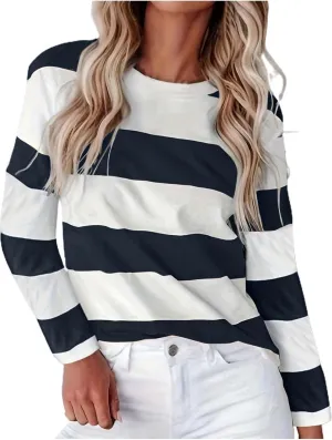 Orange Striped Long Sleeve Shirt Women 2024 Fall Crew Neck Striped T Shirts Color Block Comfy Loose Oversized Tops