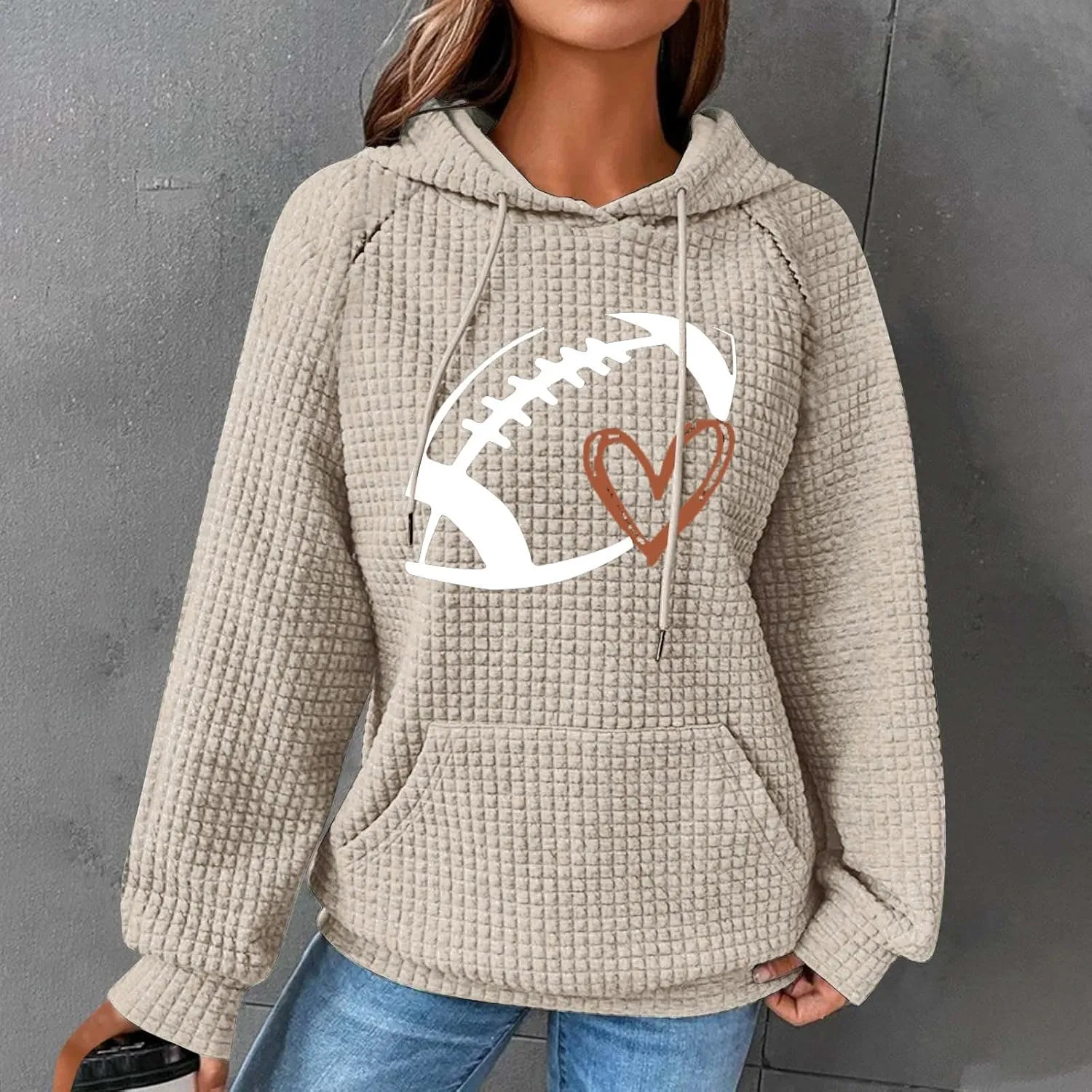 Oversized Hoodies For Women Funny Football Graphic Pullover Sweatshirts Casual Loose Long Sleeve Waffle Knit Tops