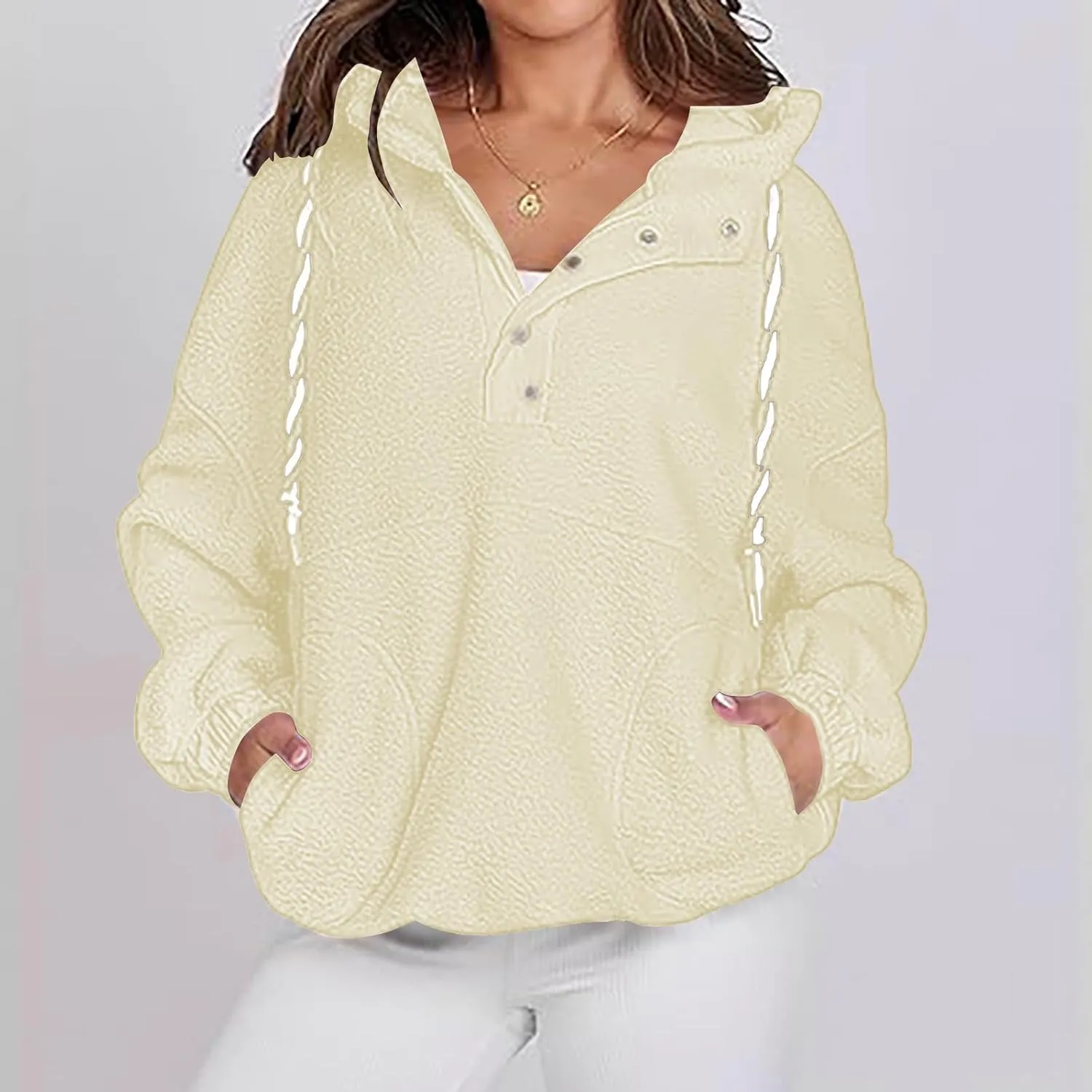 Oversized Hoodies For Women Fuzzy Fleece Sweatshirts Button Dwon Long Sleeve Sherpa Pullover Sweaters With Pockets