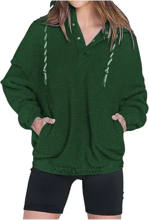 Oversized Hoodies For Women Fuzzy Fleece Sweatshirts Button Dwon Long Sleeve Sherpa Pullover Sweaters With Pockets