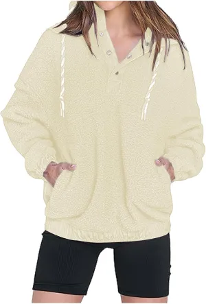 Oversized Hoodies For Women Fuzzy Fleece Sweatshirts Button Dwon Long Sleeve Sherpa Pullover Sweaters With Pockets