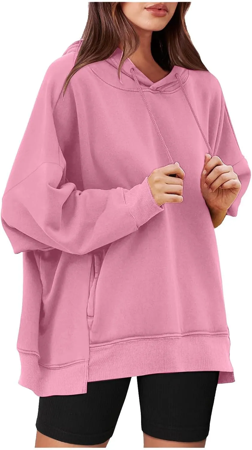Oversized Hoodies for Womens Fleece Solid Colour Sweatshirts Long Sleeve Sweaters Pullover y2k Fall Outfits with Pocket