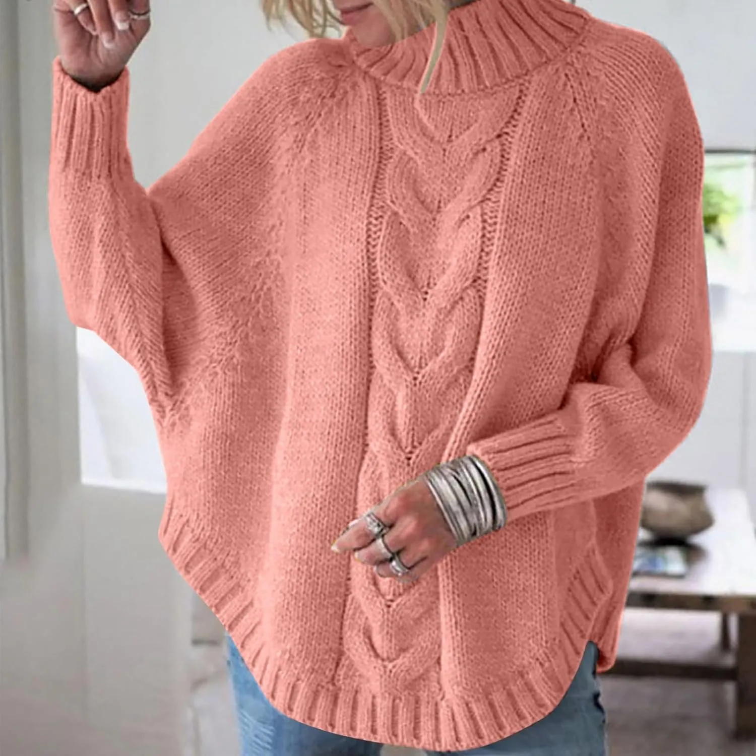 Oversized Sweaters for Women Loose Fit Fleece Batwing Sweaters Casual Crewneck Wool Chunky Knit Sweaters