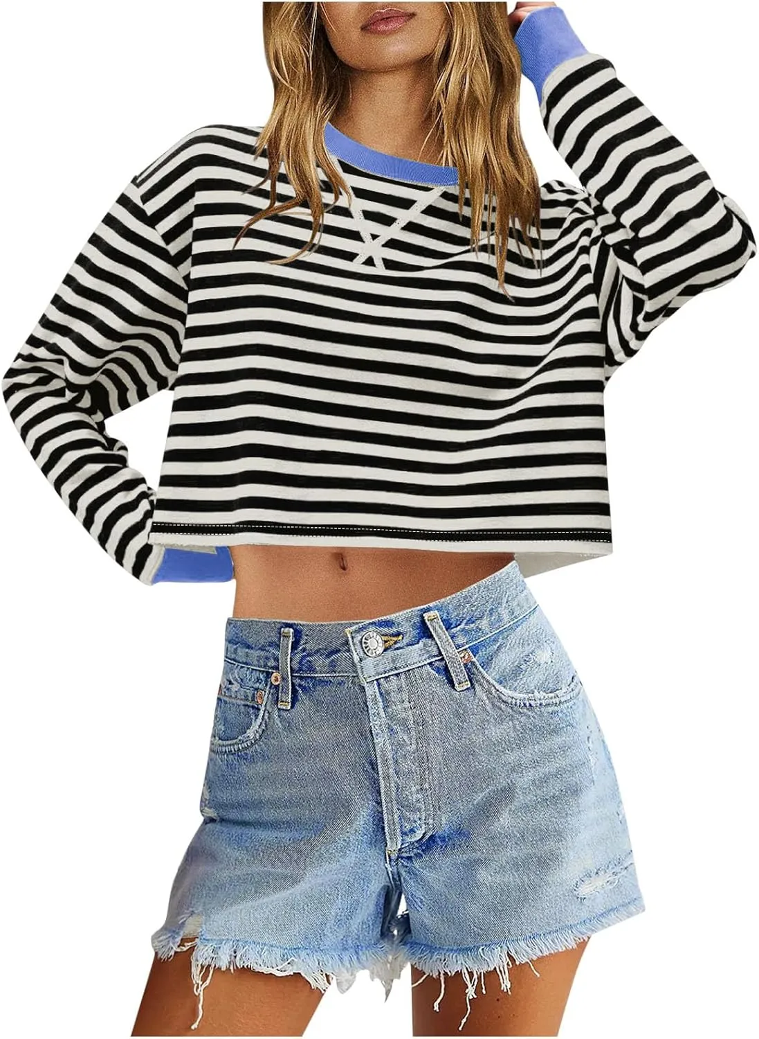 Oversized Sweatshirt for Women Cropped Crewneck Striped Colour Block Pullover Tops Long Sleeve Fleece Top Blouses
