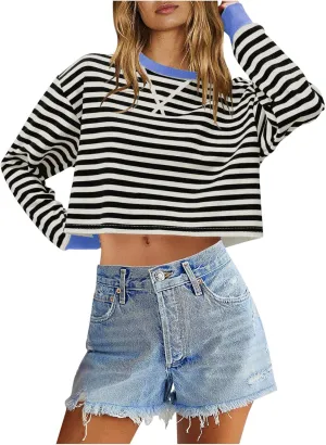 Oversized Sweatshirt for Women Cropped Crewneck Striped Colour Block Pullover Tops Long Sleeve Fleece Top Blouses