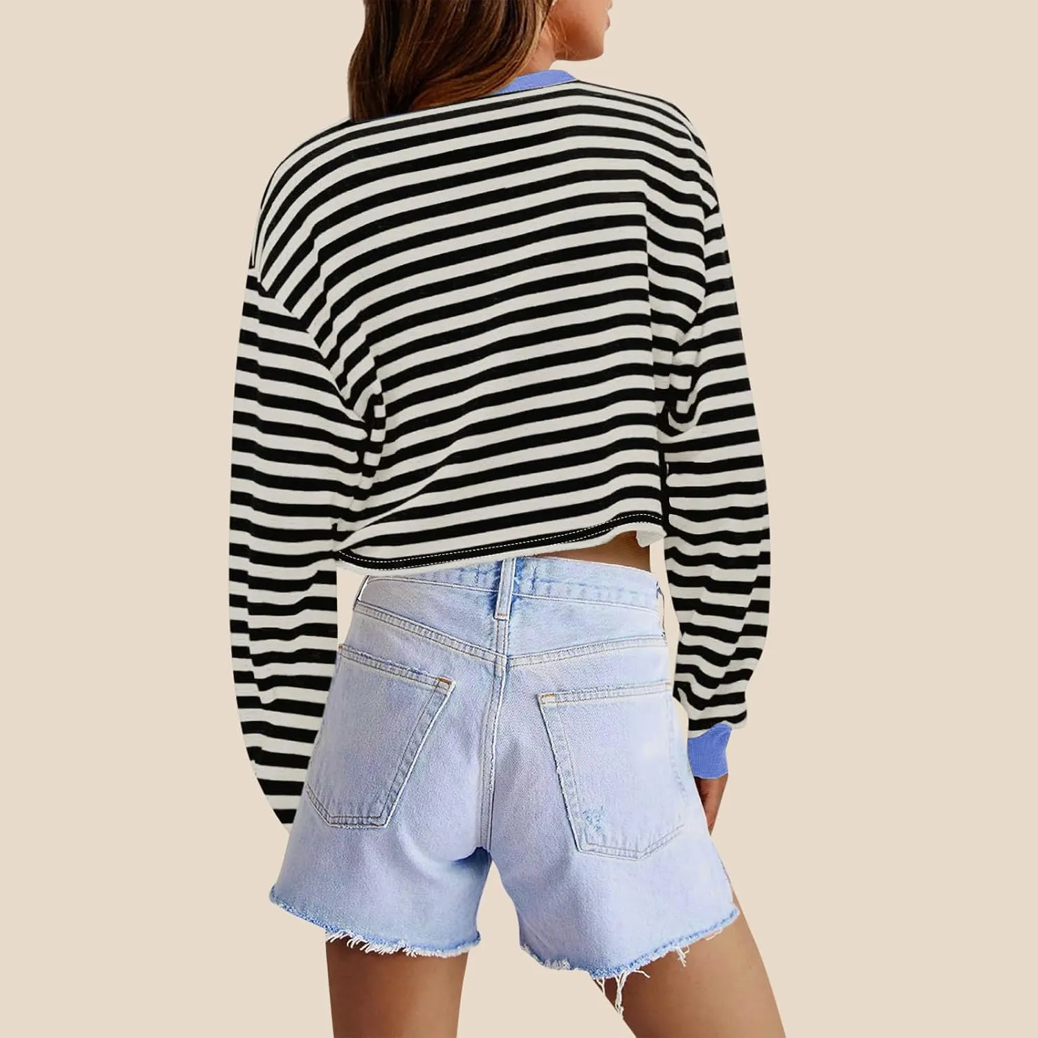Oversized Sweatshirt for Women Cropped Crewneck Striped Colour Block Pullover Tops Long Sleeve Fleece Top Blouses