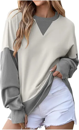 Oversized Sweatshirt for Women Fall Crewneck Splicing Color Tops Long Sleeve Fashion Soft Pullover Sweaters Clothes