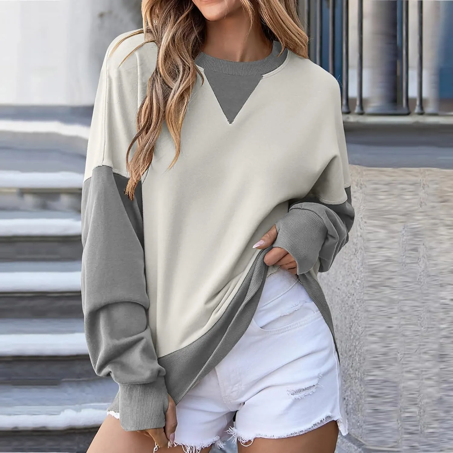 Oversized Sweatshirt for Women Fall Crewneck Splicing Color Tops Long Sleeve Fashion Soft Pullover Sweaters Clothes