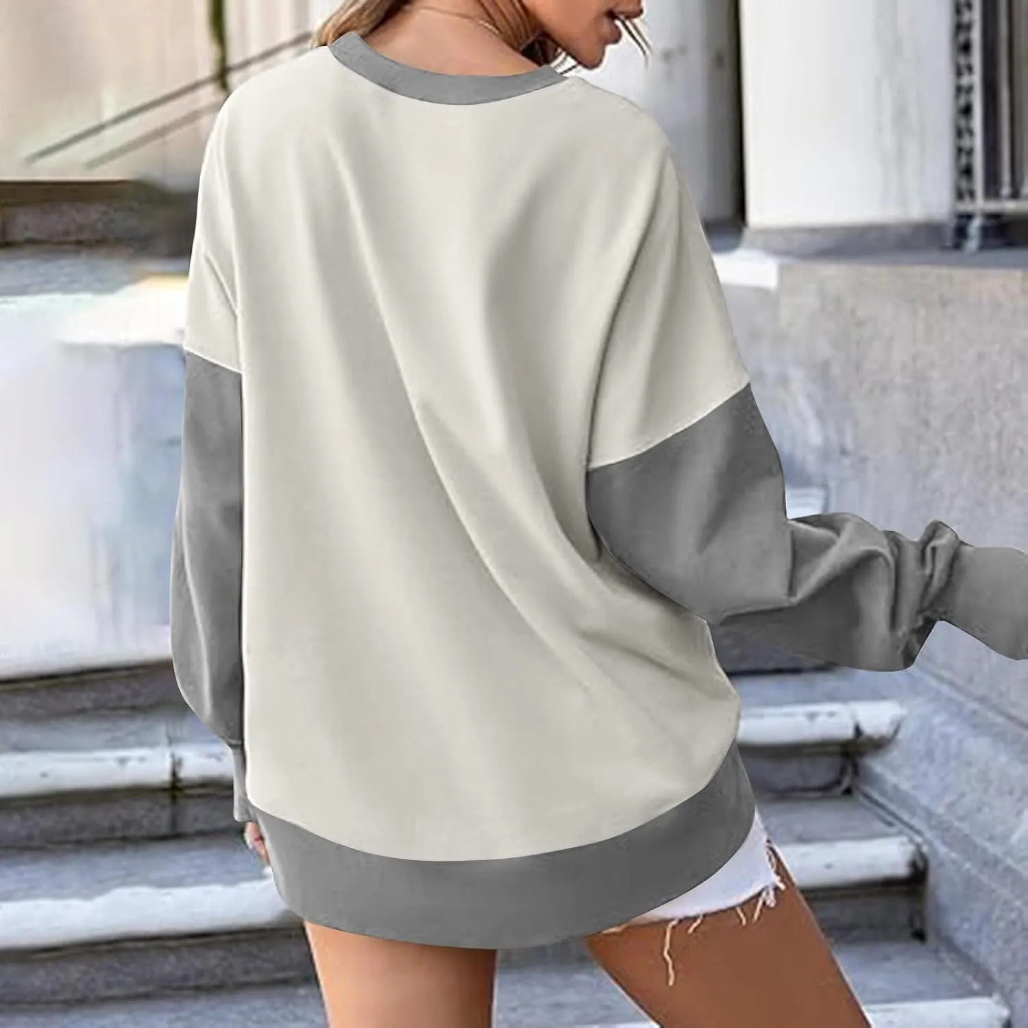 Oversized Sweatshirt for Women Fall Crewneck Splicing Color Tops Long Sleeve Fashion Soft Pullover Sweaters Clothes