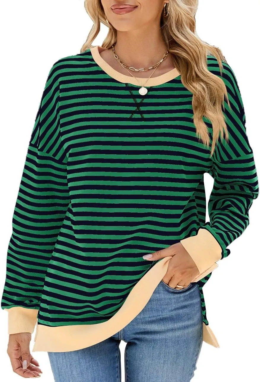 Oversized Sweatshirts For Women Loose Fit 2024 Fall Outfits Crewneck Striped Long Sleeve Shirts Fashion Preppy Top