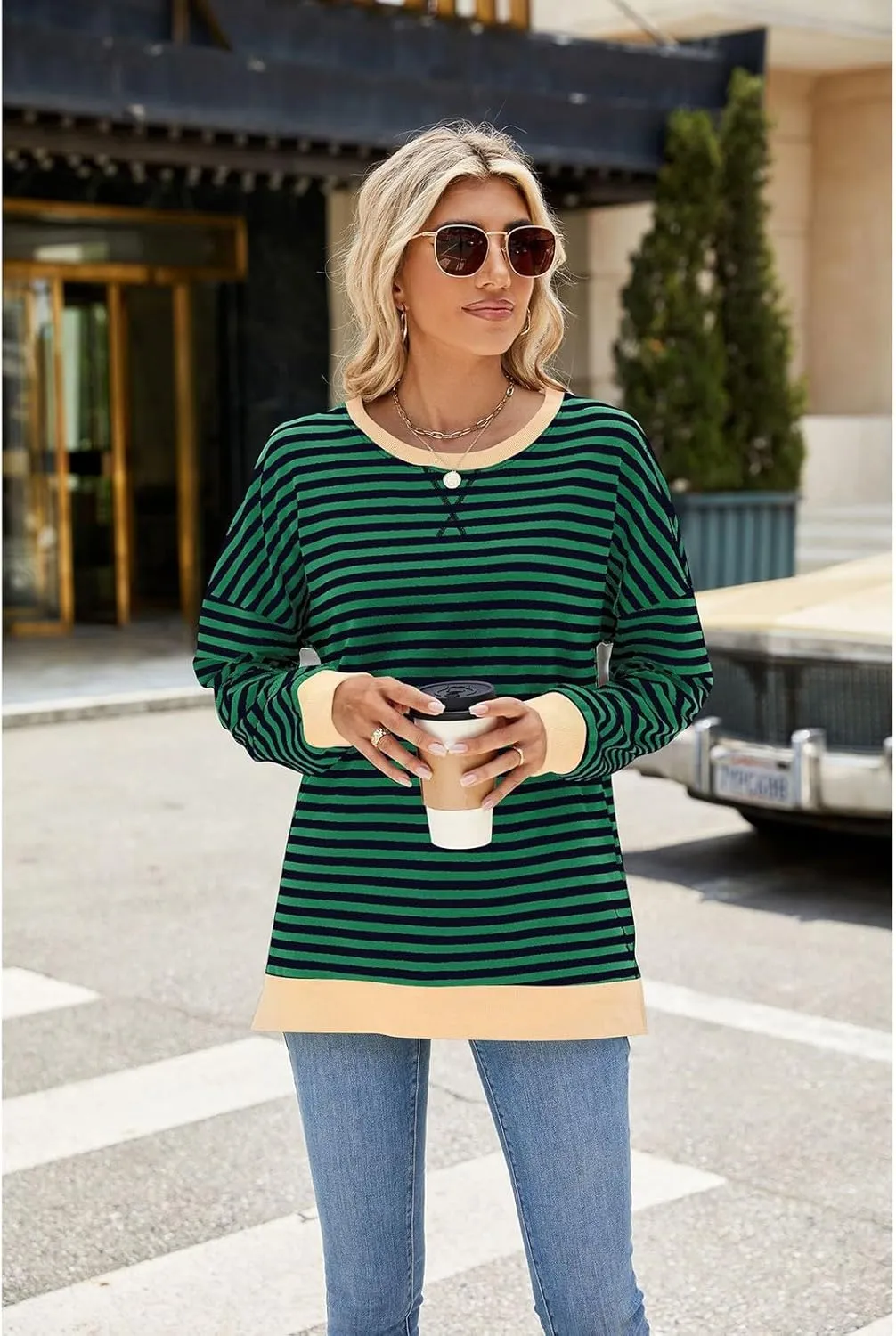 Oversized Sweatshirts For Women Loose Fit 2024 Fall Outfits Crewneck Striped Long Sleeve Shirts Fashion Preppy Top
