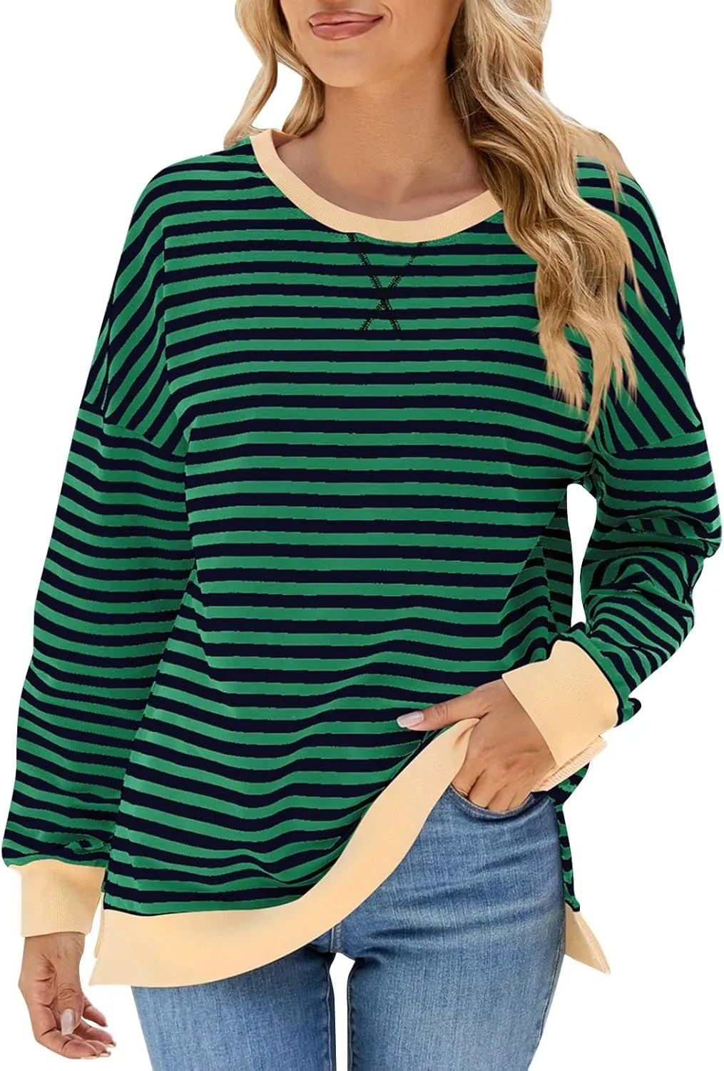 Oversized Sweatshirts For Women Loose Fit 2024 Fall Outfits Crewneck Striped Long Sleeve Shirts Fashion Preppy Top