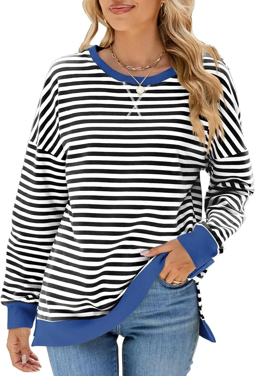 Oversized Sweatshirts For Women Loose Fit 2024 Fall Outfits Crewneck Striped Long Sleeve Shirts Fashion Preppy Top